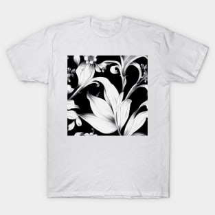 Vintage Floral Cottagecore Romantic Flower Design Black and White T-Shirt